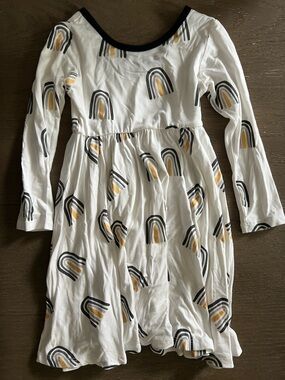 Kyte BABY White Dress with Black and Yellow Rainbow Print